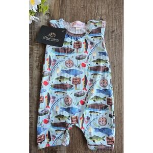 NWT Clover Cottage Baby Romper 0-6m Gone Fishing Fish Print One‎ Piece Boutique